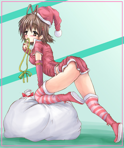 yo-jin, furukawa nagisa, clannad, 00s, 1girl, antenna hair, ass, back, brown eyes, brown hair, christmas, female focus, hat, ribbon, sack, santa costume, santa hat, short hair, solo, striped clothes, striped thighhighs, thighhighs