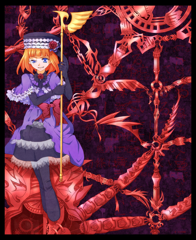 mit (mitn), eva beatrice, umineko no naku koro ni, bad id, bad pixiv id, 00s, 1girl, blue eyes, boots, bow, chain, dress, elbow gloves, female focus, flower, full body, gloves, hat, orange hair, rose, sitting, solo, staff