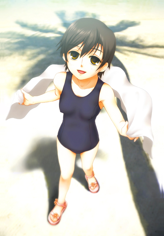 soshina nohito, fujioka haruhi, ouran high school host club, 00s, 1girl, black hair, brown eyes, female focus, full body, looking up, one-piece swimsuit, outdoors, palm tree, sandals, school swimsuit, shadow, short hair, solo, swimsuit, towel, tree