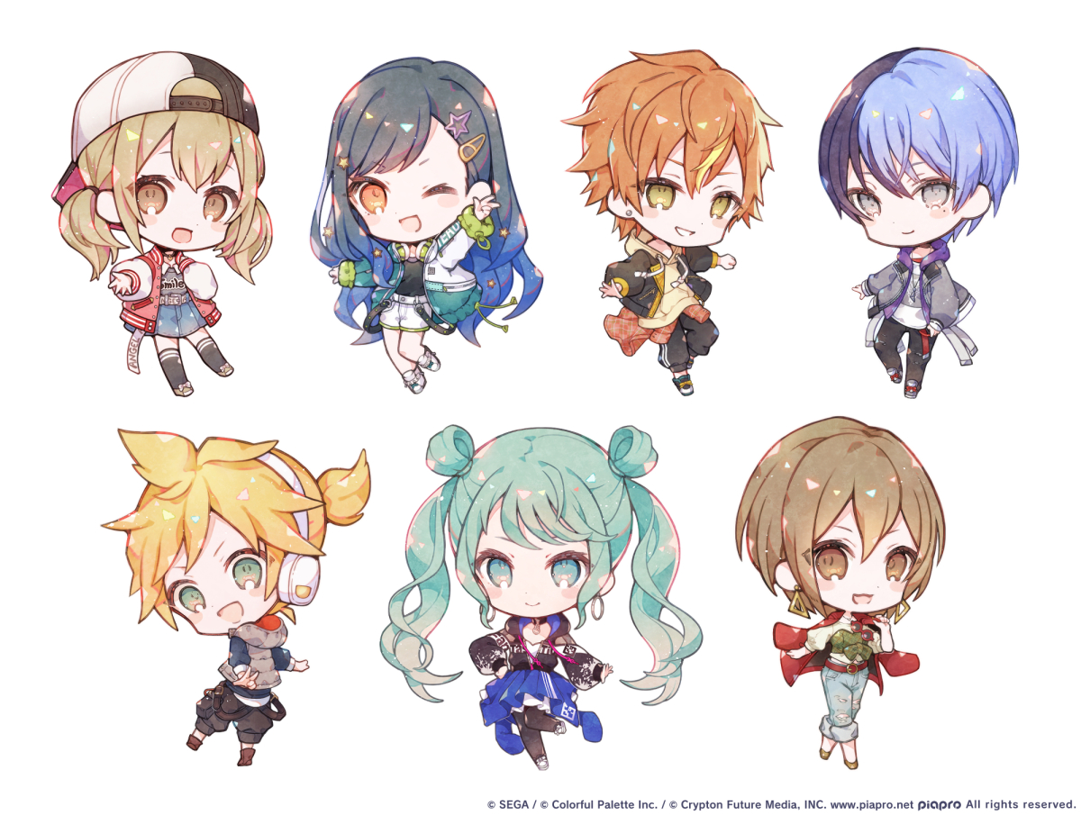 niwako, aoyagi touya, azusawa kohane, hatsune miku, kagamine len, meiko (vocaloid), shinonome akito, shiraishi an, vivid bad squad len, vivid bad squad meiko, vivid bad squad miku, project sekai, vocaloid, commentary request, official art, 3boys, 4girls, :d, ;d, arm up, black hair, black thighhighs, blonde hair, blue eyes, blue hair, blue shorts, blue skirt, blush stickers, brown eyes, brown hair, brown scarf, brown shoes, chibi, chibi only, closed mouth, copyright notice, full body, gradient hair, green eyes, green hair, jacket, long hair, looking at viewer, multicolored hair, multiple boys, multiple girls, one eye closed, open clothes, open jacket, open mouth, orange hair, red jacket, scarf, shoes, short hair, shorts, simple background, skirt, smile, split-color hair, standing, standing on one leg, streaked hair, thighhighs, two-tone hair, white background