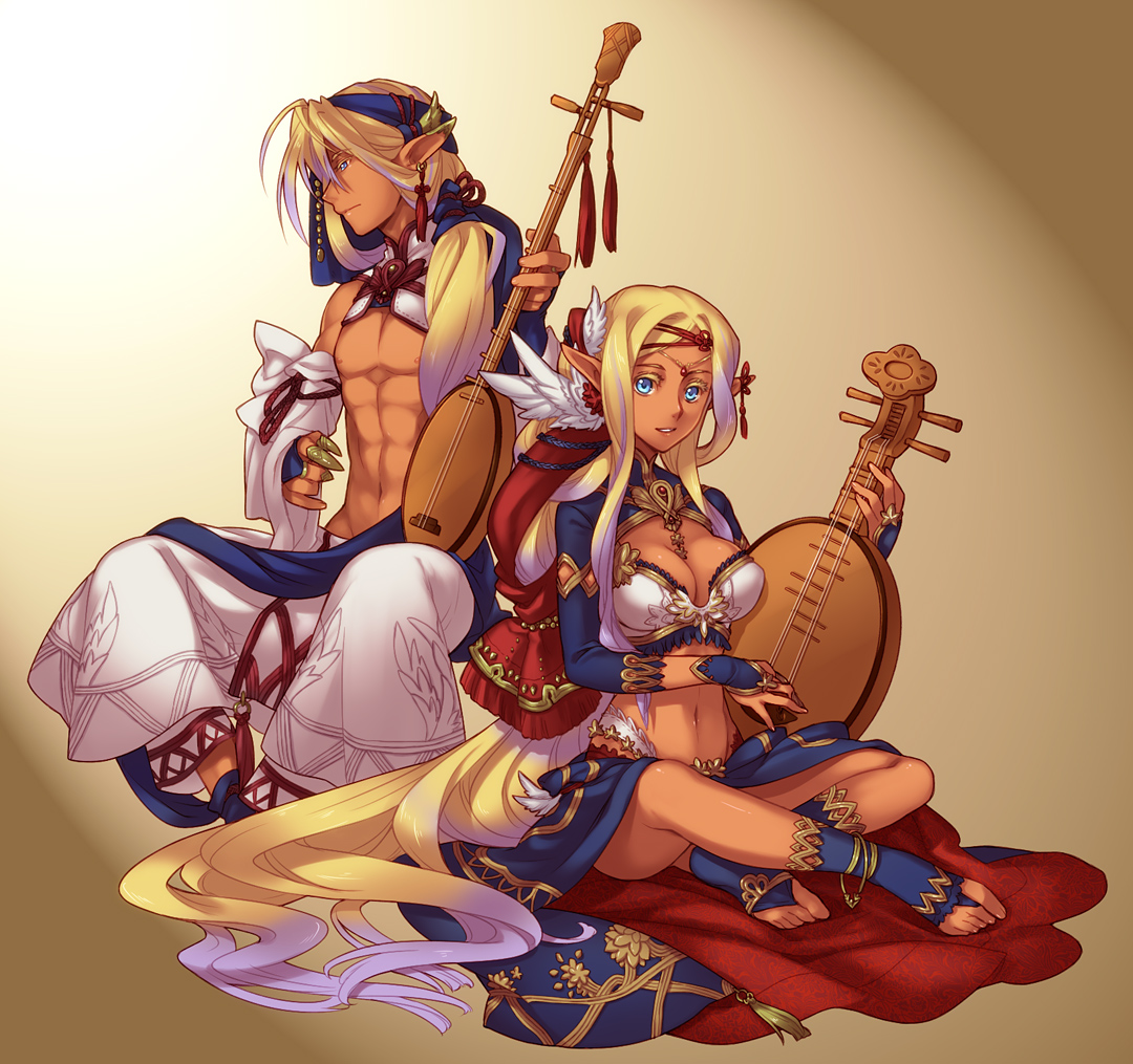 hazuki gean, original, blonde hair, blue eyes, couple, dark skin, instrument, long hair, lute (instrument), midriff, navel, pointy ears, sitting, very long hair