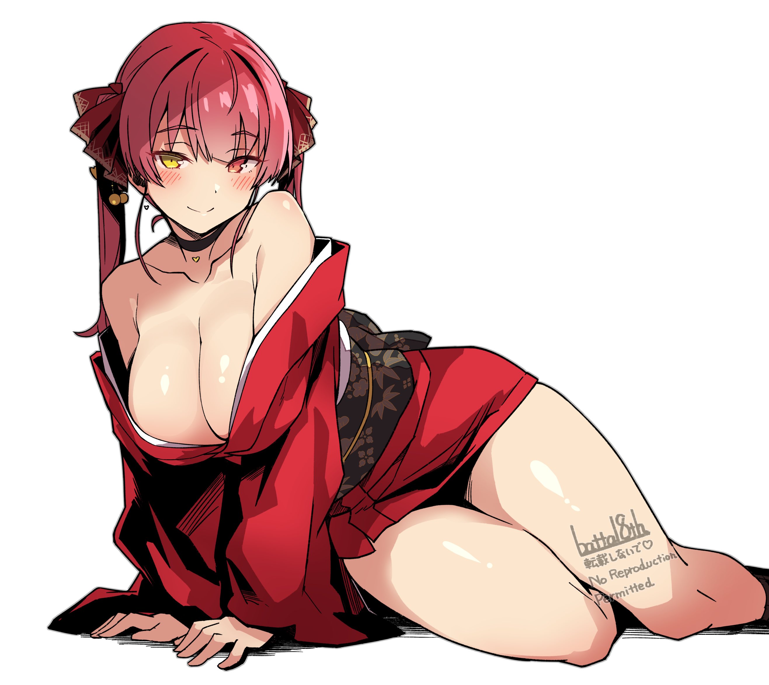 batta 16-sei, houshou marine, hololive, commentary request, highres, 1girl, artist name, bare shoulders, black choker, blush, breasts, choker, cleavage, closed mouth, collarbone, japanese clothes, kimono, large breasts, looking at viewer, medium hair, obi, red eyes, red hair, red kimono, sash, simple background, smile, solo, thighs, twintails, virtual youtuber, white background, yellow eyes