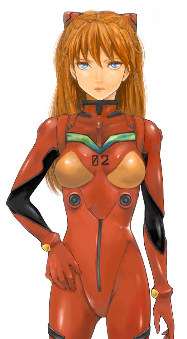 kr, souryuu asuka langley, neon genesis evangelion, bad id, bad pixiv id, 1girl, blue eyes, bodysuit, bracer, cowboy shot, female focus, gloves, hair between eyes, hair ornament, hand on own hip, hip focus, jitome, lips, long hair, looking at viewer, mecha pilot suit, orange hair, plugsuit (evangelion), red hair, simple background, skinny, solo, turtleneck, white background