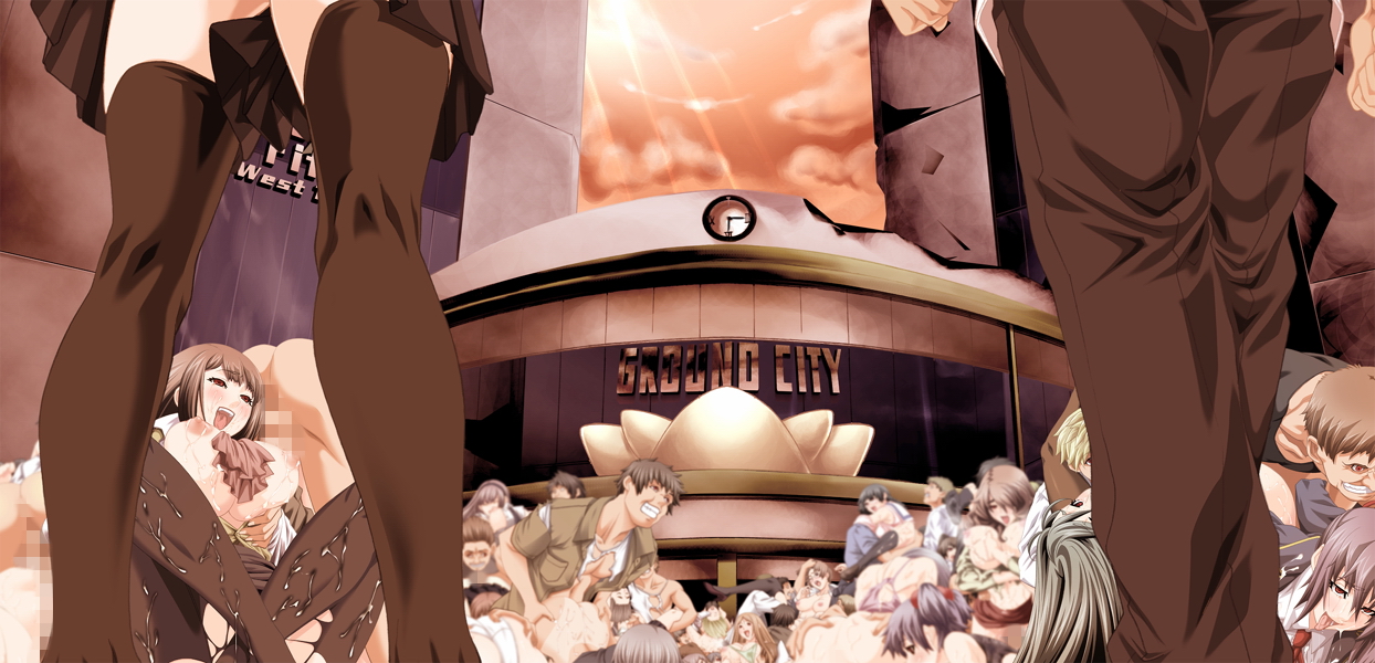 gentle sasaki, kansen 2, torn legwear, game cg, 6+boys, 6+girls, ahegao, ass, black thighhighs, blush, breasts, censored, clenched teeth, cloud, cum, doggystyle, fucked silly, grabbing another's breast, groping, group sex, huge breasts, mosaic censoring, multiple boys, multiple girls, nipples, open clothes, open mouth, open shirt, orgy, outdoors, pantyhose, public indecency, rape, sex, sex from behind, shirt, sky, straddling, sunset, tan, tanline, teeth, thighhighs, tongue, torn clothes, torso grab, upright straddle, vaginal