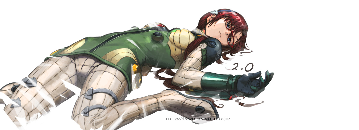 nekkeau, makinami mari illustrious, evangelion: 2.0 you can (not) advance, neon genesis evangelion, rebuild of evangelion, long image, wide image, 00s, 1girl, blue eyes, female focus, glasses, long hair, lying, mecha pilot suit, on back, plugsuit (evangelion), red hair, solo