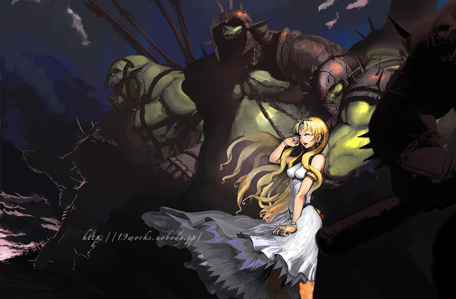 nekkeau, original, armor, blonde hair, blue eyes, dress, long hair, orc, princess, tiara