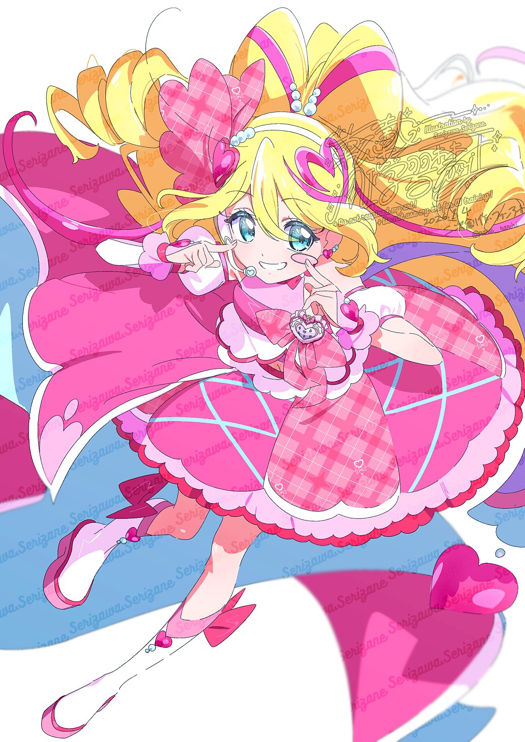 serizawa serizane, cure idol, sakura uta (precure), kimi to idol precure, precure, highres, 1girl, blonde hair, blue eyes, boots, dated, detached sleeves, double-parted bangs, dress, full body, grin, hair between eyes, hair ornament, hairband, hands up, headset, heart, heart hair ornament, long hair, looking at viewer, magical girl, pink dress, ponytail, short sleeves, sleeveless, sleeveless dress, smile, solo, twitter username, watermark, white boots, white hairband, white sleeves