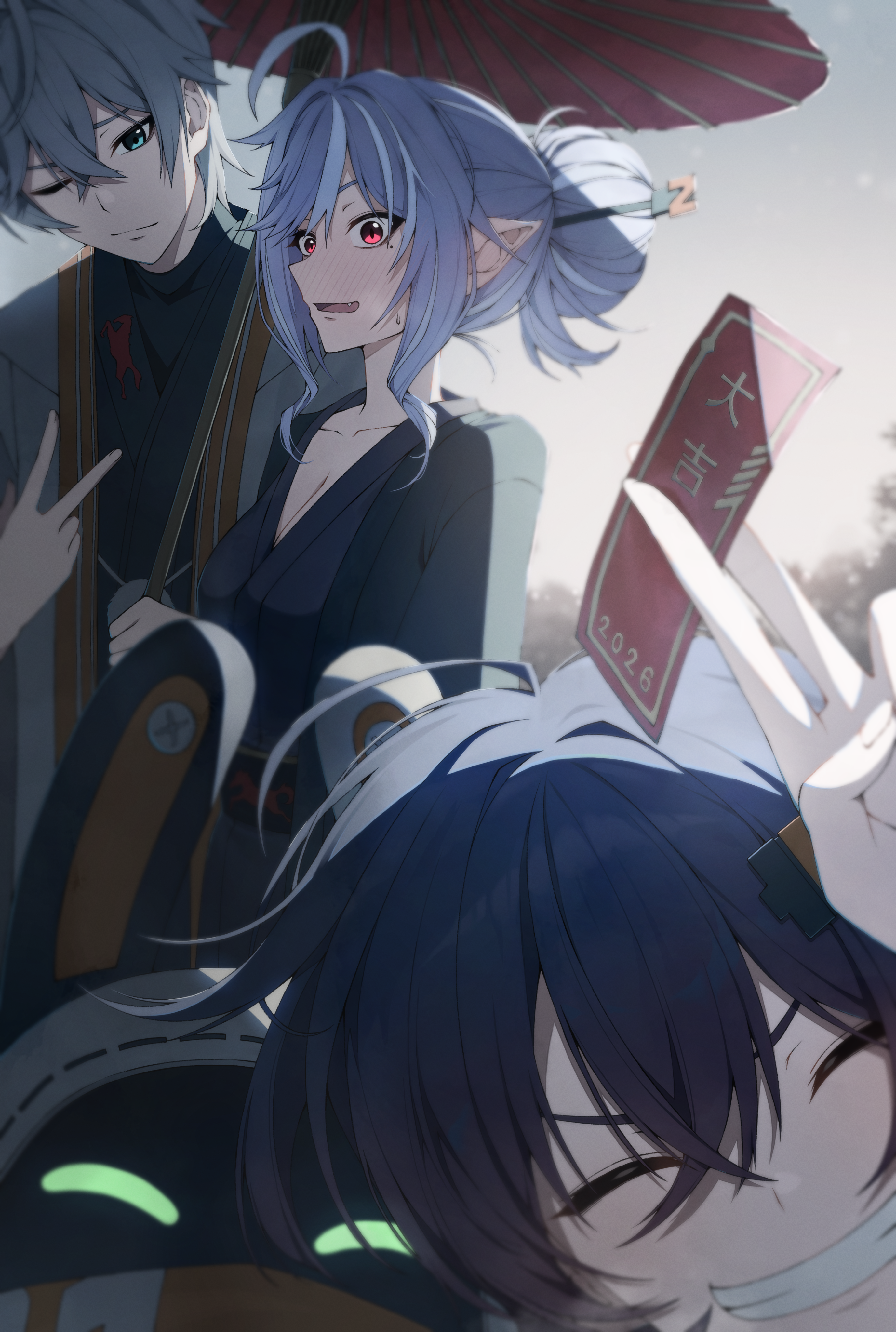 hosun, belle (zenless zone zero), eous (zenless zone zero), vivian banshee, wise (zenless zone zero), zenless zone zero, absurdres, commentary, highres, 1boy, 2girls, alternate costume, blue hair, blush, breasts, cleavage, clenched teeth, closed mouth, green eyes, grey hair, hair bun, holding, holding ticket, japanese clothes, kimono, looking at viewer, multiple girls, oil-paper umbrella, pointy ears, purple hair, red eyes, teeth, ticket, umbrella, v, yukata