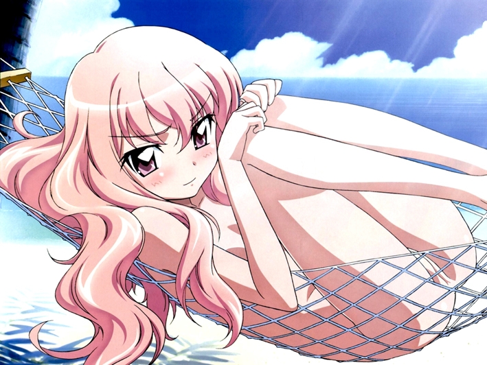 louise francoise le blanc de la valliere, zero no tsukaima, artist request, nude filter, photoshop, third-party edit, beach, blush, fetal position, hammock, loli, long hair, nude, ocean, pink eyes, pink hair, pussy, uncensored