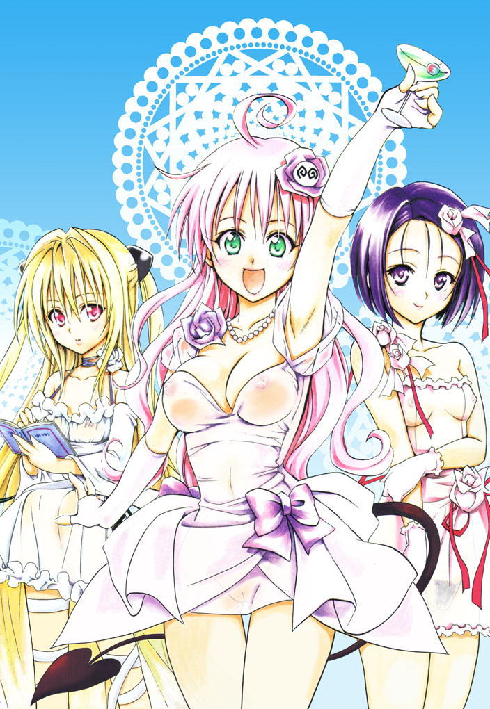 konjiki no yami, lala satalin deviluke, sairenji haruna, to love-ru, tagme, 00s, 3girls, blonde hair, blue hair, blush, breasts, long hair, miniskirt, multiple girls, nipples, pink hair, pussy, short hair, skirt, smile, uncensored