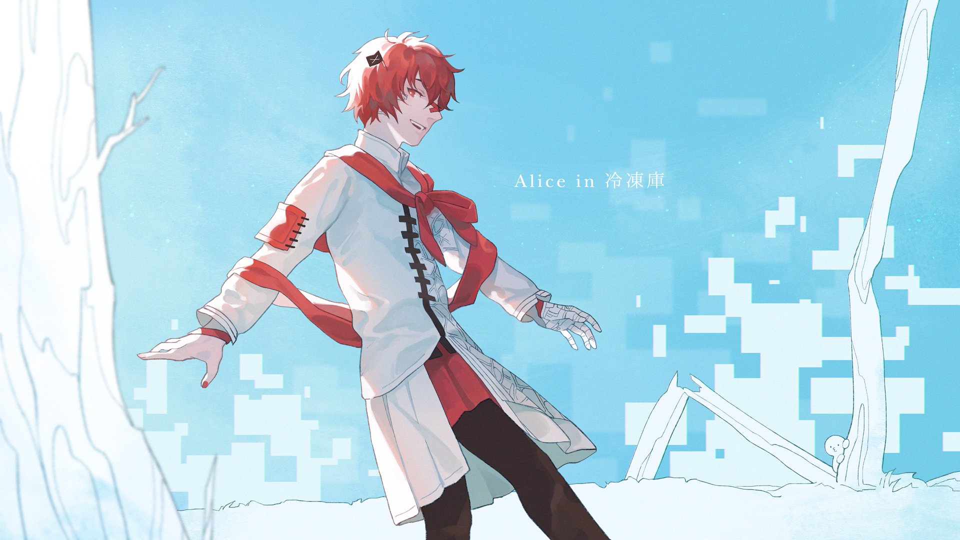 driftwoodwolf, fukase, vocaloid, commentary, english commentary, highres, 1boy, alice in reitouko (vocaloid), black jacket, collared jacket, jacket, looking at viewer, male focus, mini flag, nail polish, open mouth, red eyes, red hair, red scarf, scarf, smile, solo, song name, teeth, tree, white jacket