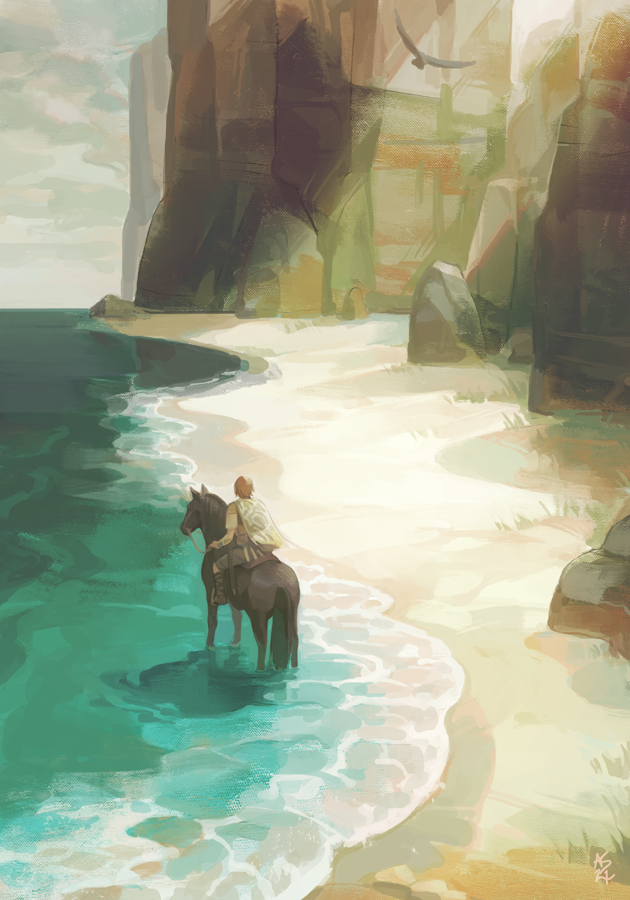 driftwoodwolf, wander (shadow of the colossus), shadow of the colossus, commentary, english commentary, 1boy, agro (shadow of the colossus), beach, bird, bird wings, boulder, cliff, holding, holding reins, horse, male focus, ocean, poncho, reins, riding, sand, scenery, surcoat, sword, water, weapon, wings