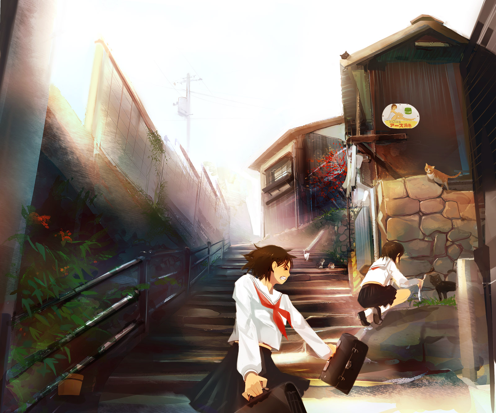 takashima, original, highres, bag, brown hair, cat, fish, school bag, school uniform, serafuku, short hair, stairs