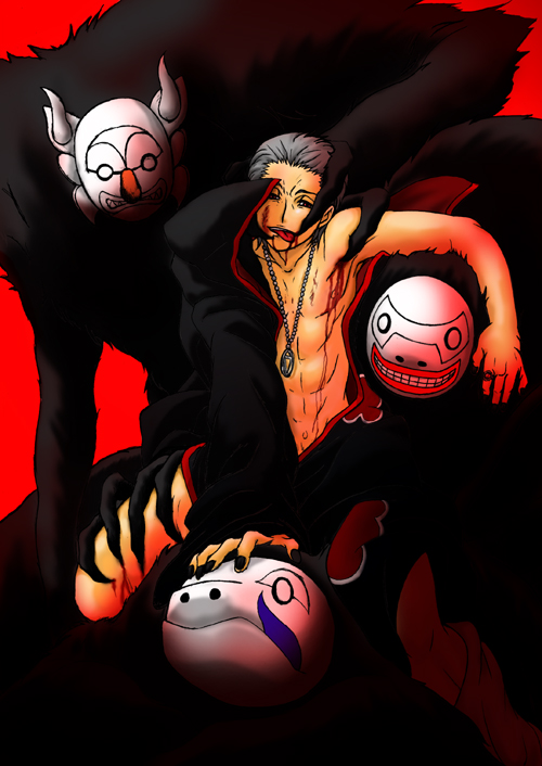 rodorodo, hidan (naruto), kakuzu (naruto), naruto (series), naruto shippuuden, bad id, akatsuki (naruto), blood, exhausted, grey hair, jacket, jewelry, necklace, red eyes, tongue