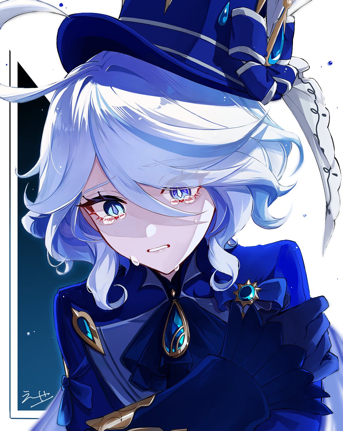 ego (ego inp), furina (genshin impact), genshin impact, hashtag-only commentary, highres, 1girl, artist name, black gloves, blue bow, blue bowtie, blue hair, blue shirt, bow, bowtie, closed mouth, colored eyebrows, crossed arms, crying, crying with eyes open, eyelashes, gloves, hair between eyes, hat, heterochromia, looking down, shirt, tears, teeth, top hat, white background