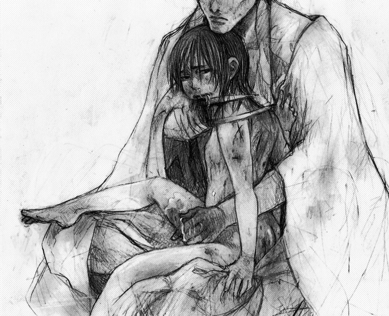 araya renzo, shira (blade of the immortal), blade of the immortal, 2boys, blood, clothed on nude, cum, male focus, monochrome, multiple boys, penis, rape, shota, urethral fingering, yaoi