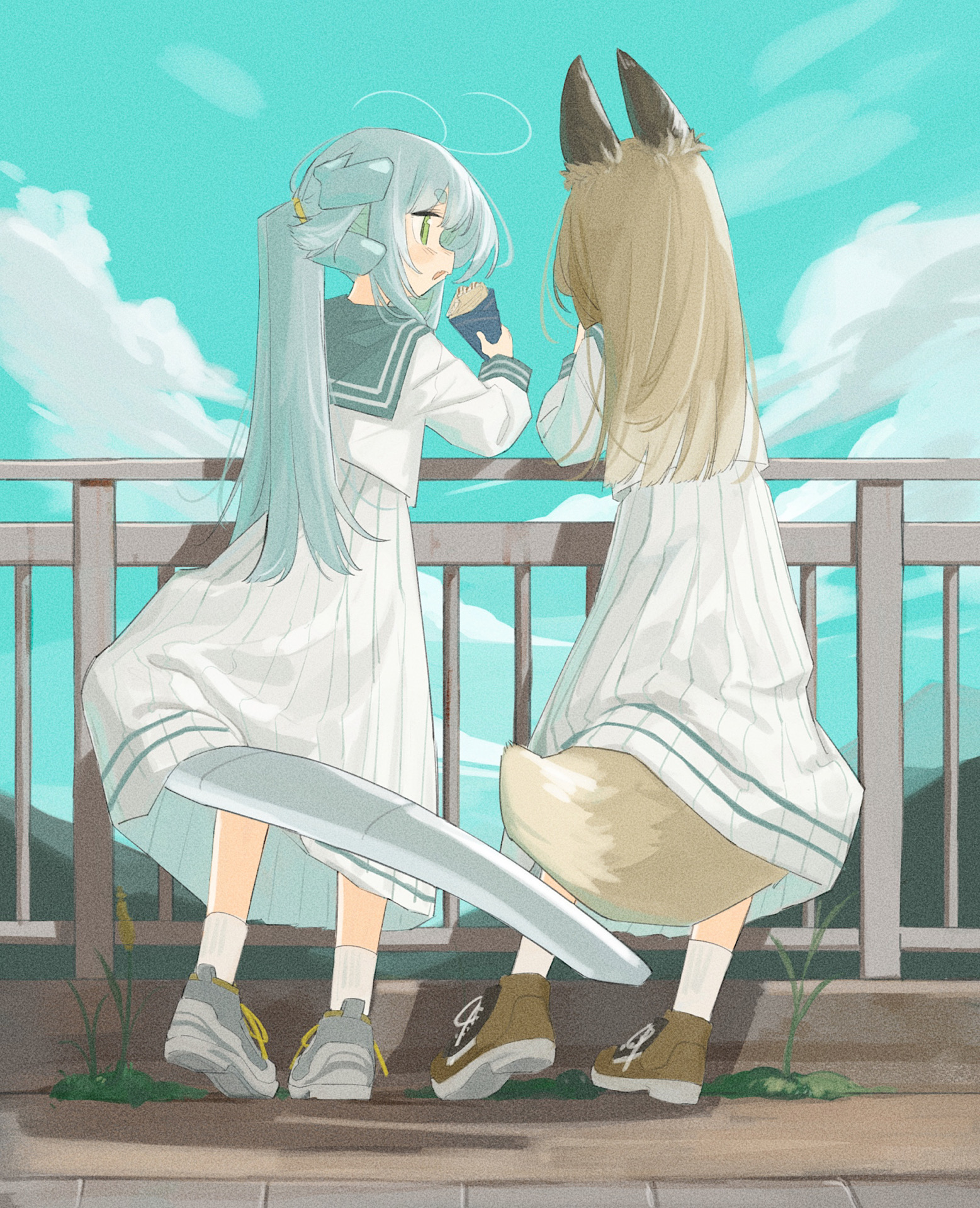 original, commentary request, highres, animal ears, ankle socks, blonde hair, blue hair, blue sailor collar, blush, brown shoes, chaahanumee, cloud, cloudy sky, dragon girl, dragon tail, dress, food, fox ears, fox girl, fox tail, green eyes, grey shoes, horns, japanese clothes, kitsune, large tail, lifted by tail, long hair, open mouth, parfait, profile, railing, sailor collar, school uniform, serafuku, shoes, sky, sneakers, socks, tail, thick eyebrows, twintails, white dress, white serafuku, white socks