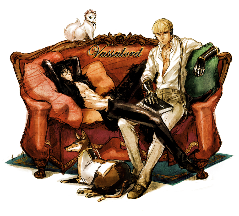 charles j chrishund, johnny rayflo, vassalord, 2boys, cat, dog, glasses, male focus, multiple boys, vampire