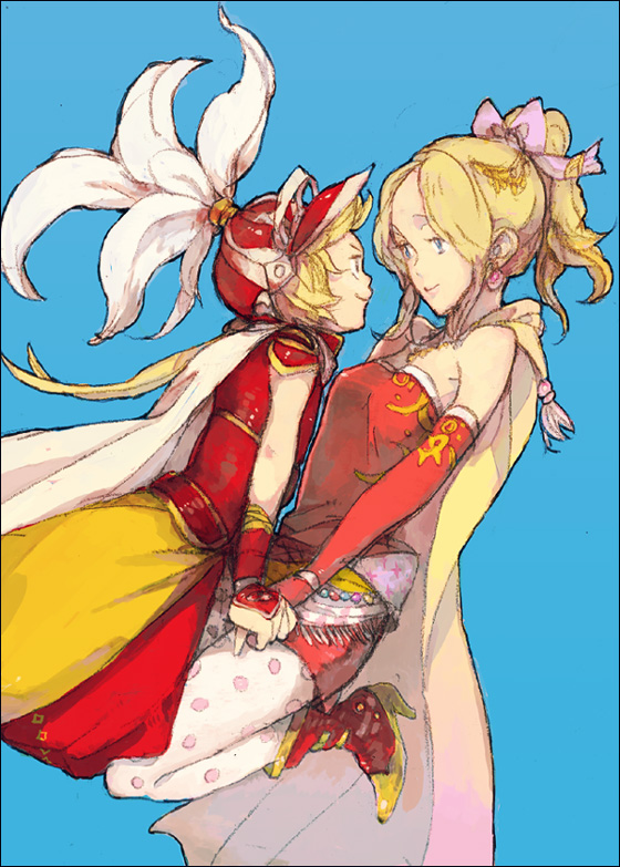 nyorotta, onion knight, tina branford, dissidia final fantasy, final fantasy, final fantasy iii, final fantasy vi, bad id, bad pixiv id, 1990s (style), 1boy, 1girl, age difference, armor, blonde hair, blue eyes, bow, bridal gauntlets, cape, couple, dress, earrings, hair bow, hair ornament, helmet, holding hands, jewelry, pantyhose, pink bow, ponytail, short dress