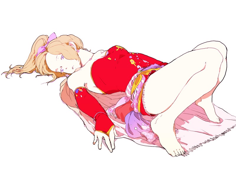 nyorotta, tina branford, final fantasy, final fantasy vi, bad id, bad pixiv id, 1990s (style), 1girl, barefoot, blonde hair, bow, cape, dress, elbow gloves, feet, female focus, foreshortening, full body, gloves, hair bow, legs, lying, ponytail, purple eyes, retro artstyle, short dress, solo, white background