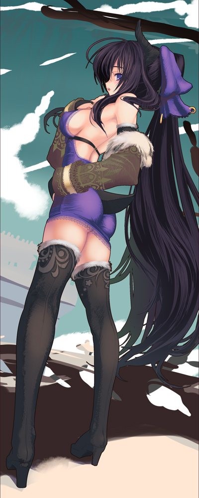 coffee cat, original, long image, tall image, 1girl, ass, back, black hair, blue eyes, boots, breasts, female focus, high heels, horns, large breasts, legs, long hair, ponytail, purple eyes, shoes, sideboob, solo, tail, thigh boots, thighhighs, very long hair, zettai ryouiki