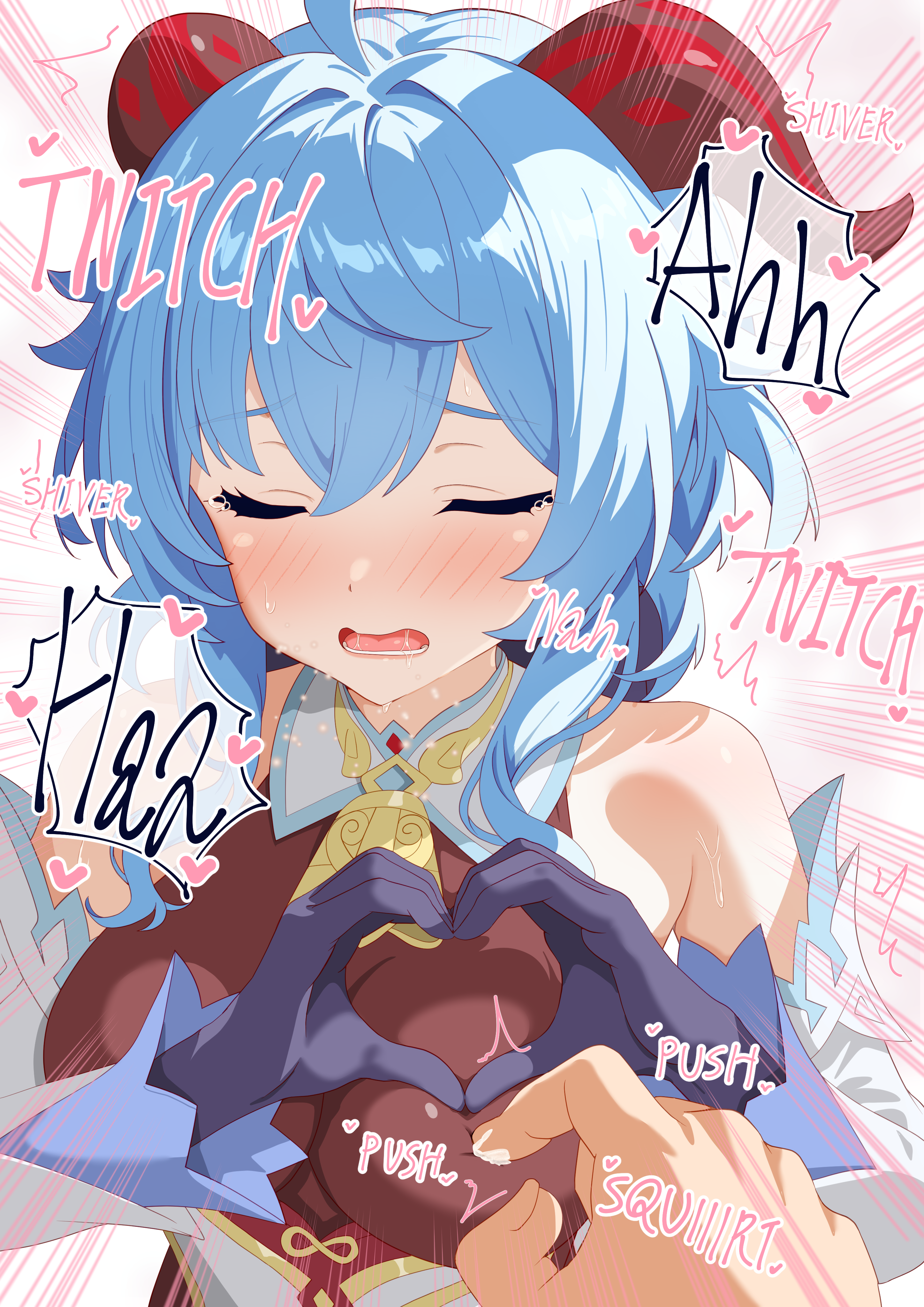 kemonya777, ganyu (genshin impact), genshin impact, absurdres, highres, mixed-language commentary, 1boy, 1girl, bare shoulders, black gloves, black leotard, blue hair, blush, breasts, closed eyes, detached sleeves, dress, english text, gloves, goat horns, heart, heart hands, horns, large breasts, leotard, long hair, looking at viewer, nipple stimulation, nipple tweak, white dress