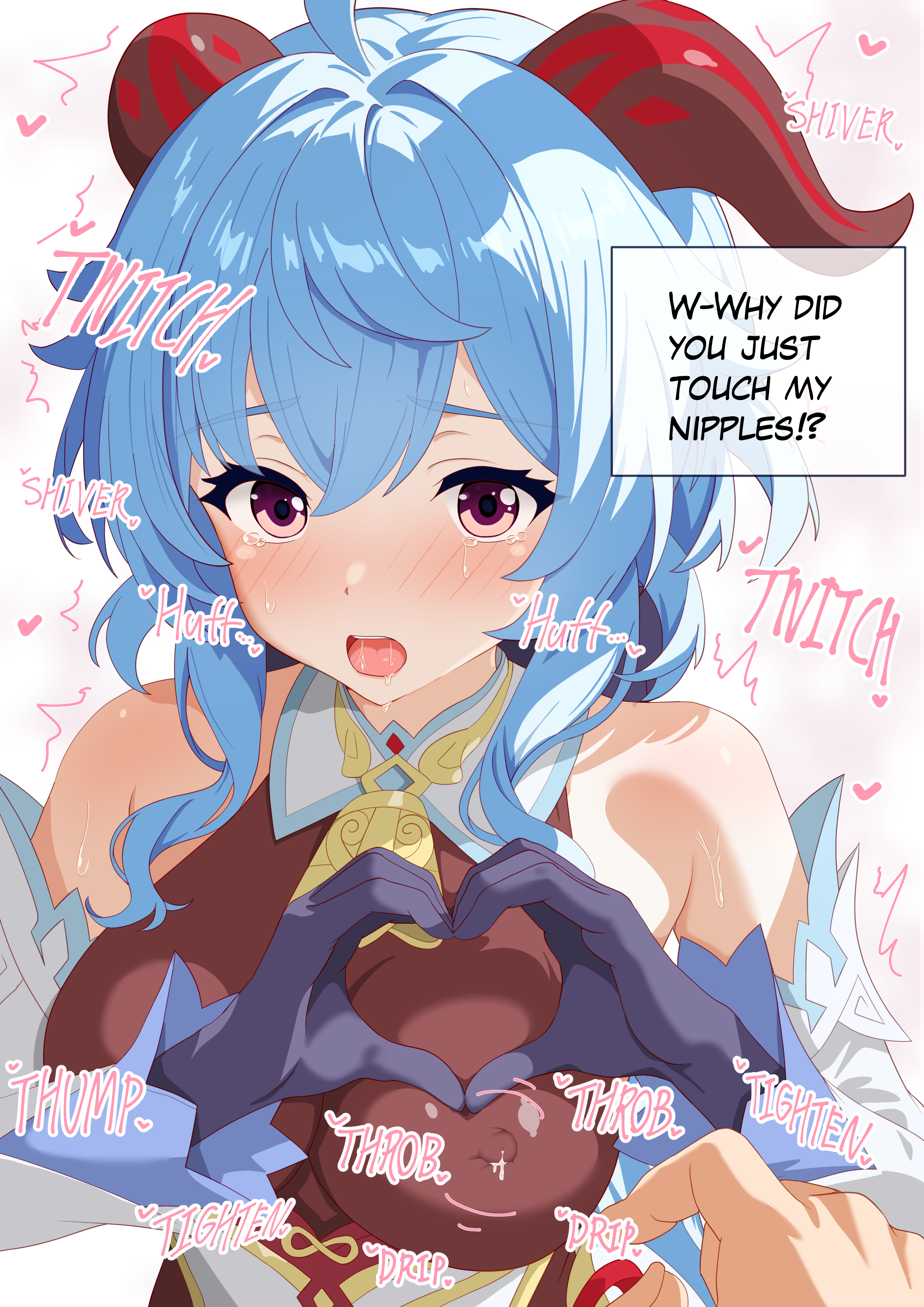 kemonya777, ganyu (genshin impact), genshin impact, absurdres, highres, mixed-language commentary, 1boy, 1girl, bare shoulders, black gloves, black leotard, blue hair, blush, breasts, detached sleeves, dress, english text, gloves, goat horns, heart, heart hands, horns, lactation, lactation through clothes, large breasts, leotard, long hair, looking at viewer, purple eyes, tearing up, white dress