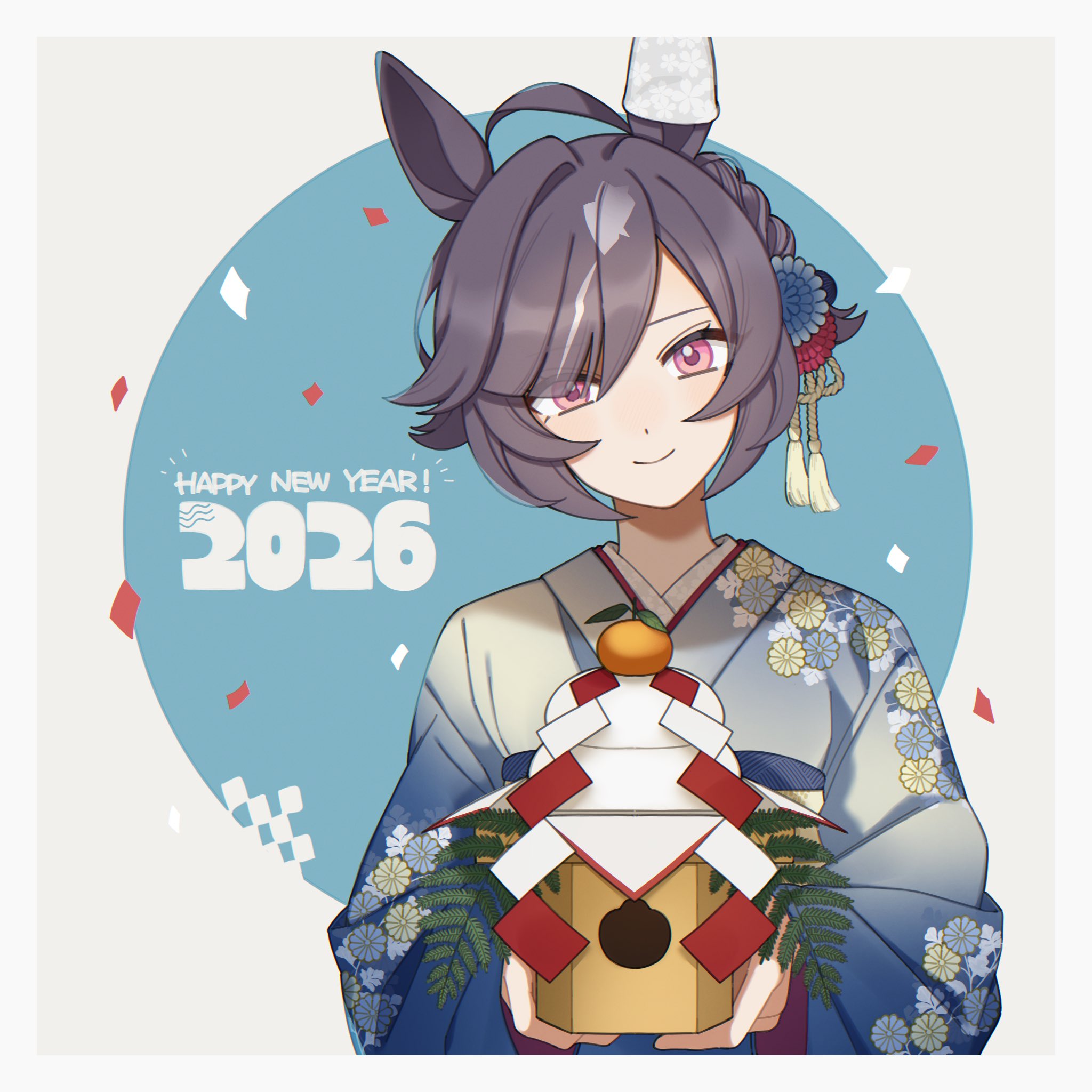 believe (umamusume), umamusume, commentary request, highres, 1girl, 2026, ahoge, alternate costume, animal ears, black hair, blue kimono, ear covers, floral print, flower, furisode, hair flower, hair ornament, happy new year, horse ears, horse girl, hoshikokamiji, japanese clothes, kagami mochi, kimono, looking at viewer, multicolored hair, new year, pink eyes, short hair, single ear cover, smile, solo, streaked hair, upper body, white hair, white streaks