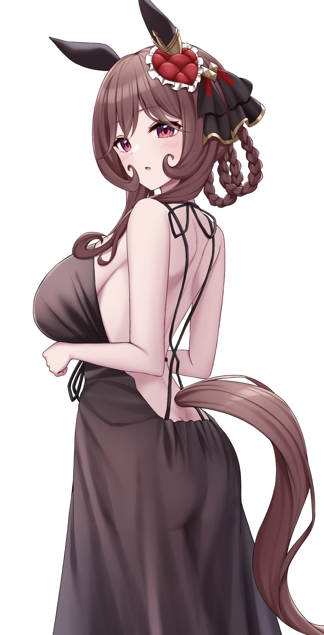 alan (210bush), gentildonna (umamusume), umamusume, commentary request, highres, 1girl, animal ears, backless dress, backless outfit, bare arms, blush, braid, braided hair rings, breasts, brown hair, brown tail, dress, ear covers, from behind, hair rings, heart ear ornament, horse ears, horse girl, horse tail, large breasts, long hair, looking at viewer, looking back, open mouth, red eyes, see-through clothes, see-through dress, sidelocks, simple background, solo, standing, tail, white background
