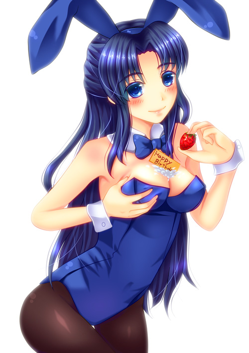 saotome mirai, asakura ryoko, suzumiya haruhi no yuuutsu, bad id, bad pixiv id, 00s, 1girl, animal ears, blue eyes, blue hair, breasts, cleavage, cream, fake animal ears, female focus, food, fruit, happy birthday, holding, holding food, holding fruit, long hair, matching hair/eyes, pantyhose, playboy bunny, rabbit ears, solo, strawberry