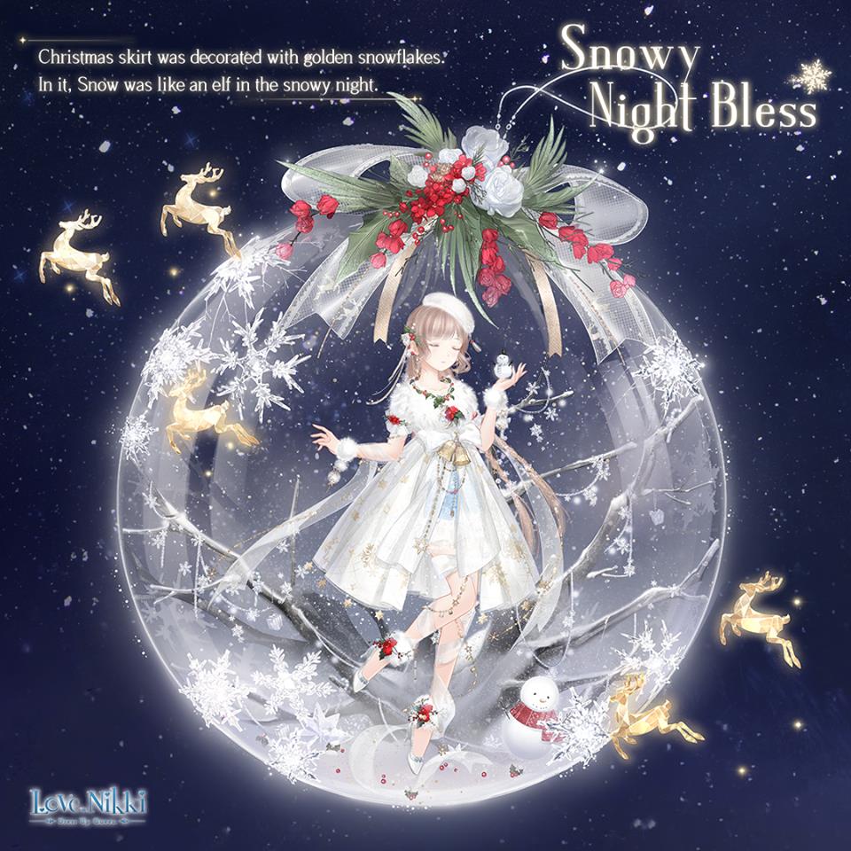 snowy night bless (miracle nikki), miracle nikki, nikki (series), artist request, official art, third-party source, 1girl, bell, beret, blue sky, bow, branch, breasts, brooch, brown hair, character name, christmas, christmas ornaments, copyright logo, dress, english text, expressionless, flower, flower necklace, full body, fur anklet, fur hat, fur wrist cuffs, hair rings, hat, hexagram, high heels, holding, holly, jewelry, leg ribbon, logo, medium breasts, medium dress, necklace, night, outdoors, pleated dress, print dress, puffy short sleeves, puffy sleeves, reindeer, ribbon, shawl, shoes, short sleeves, sky, snowflakes, snowing, snowman, solo, standing, star (symbol), star print, waist bow, white bow, white dress, white hat, white ribbon, white shawl, white shoes, white wrist cuffs, wrist cuffs
