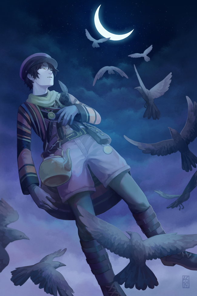 driftwoodwolf, crow (fragile), fragile: sayonara tsuki no haikyo, commentary, commentary request, english commentary, mixed-language commentary, 1boy, belt, bird, black hair, boots, cloud, cloudy sky, crescent moon, crow, gloves, hat, kettle, knee boots, long sleeves, male focus, moon, night, scarf, shorts, sky, solo, star (sky), yellow eyes