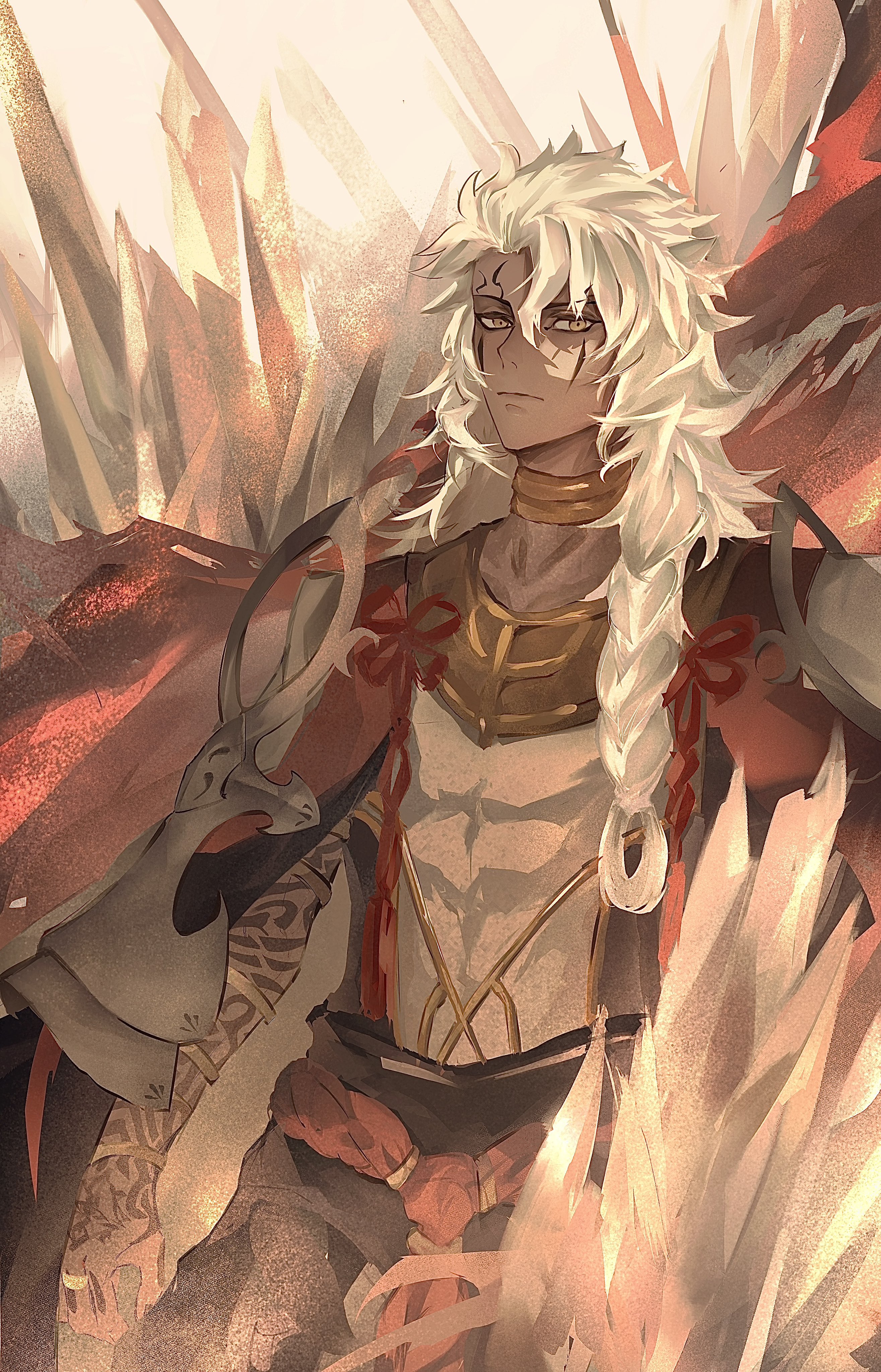 solomon (fate), fate/grand order, fate (series), absurdres, commentary request, highres, 1boy, bon 0118, braid, dark-skinned male, dark skin, hair between eyes, jewelry, long hair, looking at viewer, male focus, neck ring, single braid, solo, tattoo, upper body, white hair, yellow eyes