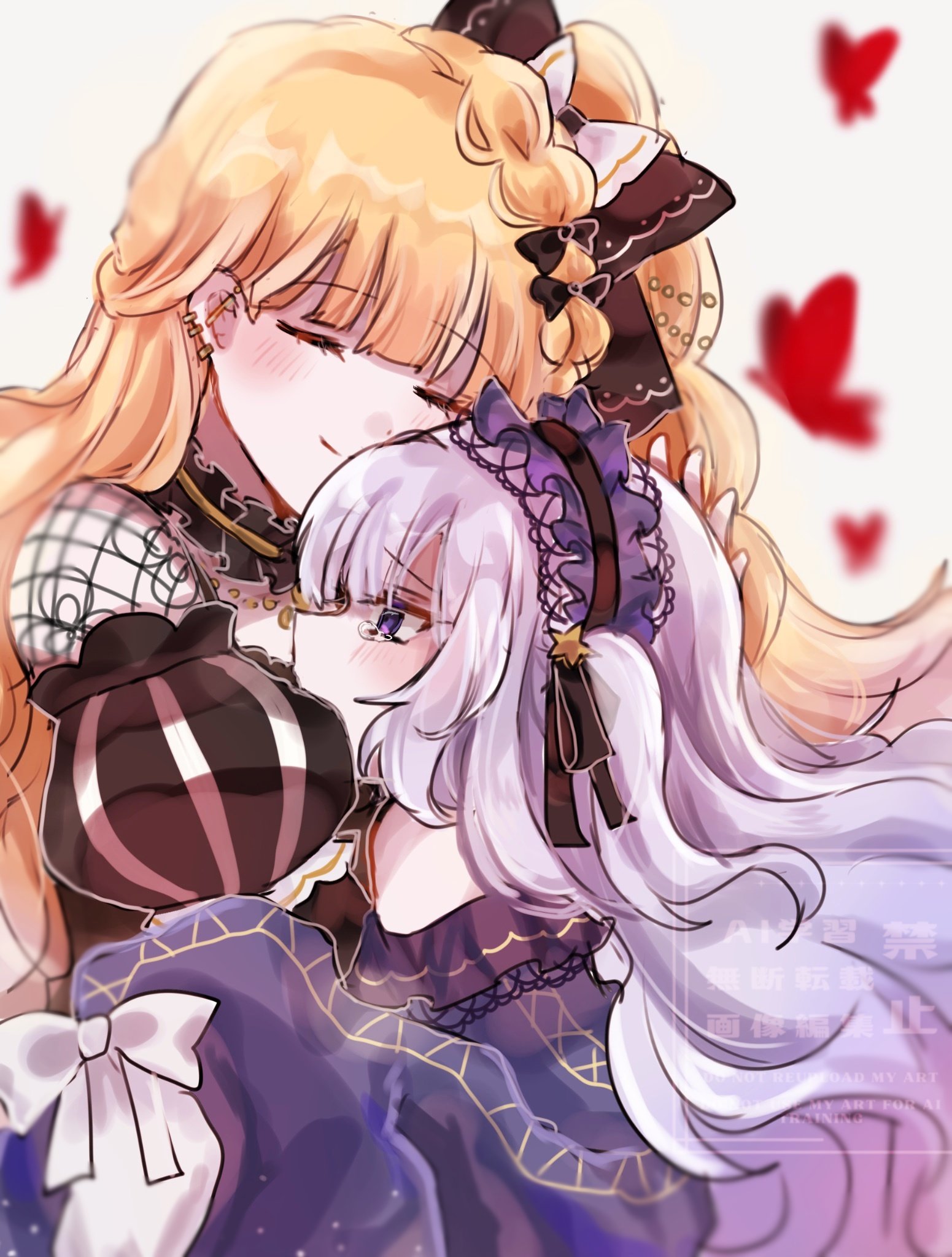 tosiosito, natsume an-an, saeki miria, mahou shoujo no majo saiban, commentary request, highres, black bow, black choker, black ribbon, blonde hair, blue hairband, blurry, blurry background, bow, bug, butterfly, choker, closed eyes, closed mouth, frilled choker, frills, hair bow, hair ribbon, hairband, hug, insect, long hair, long sleeves, one side up, puffy sleeves, red butterfly, ribbon, smile, tears, white background, yuri