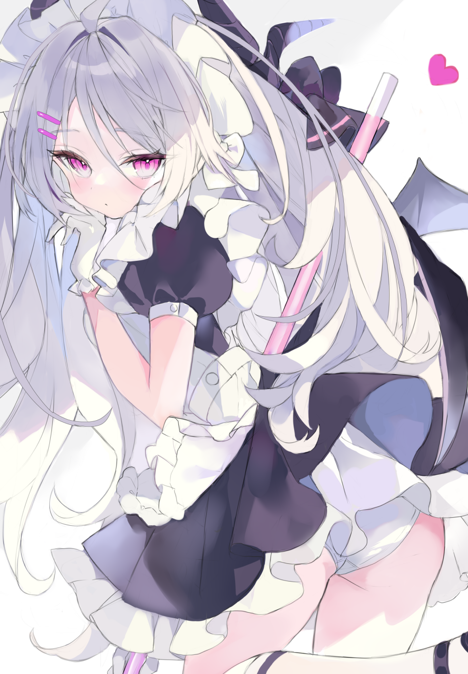hina (blue archive), blue archive, commentary, english commentary, highres, 1girl, ahoge, ass, demon girl, demon horns, demon wings, gloves, horns, long hair, looking at viewer, low wings, maid, maid headdress, marant38, panties, purple eyes, solo, underwear, very long hair, white gloves, white hair, white panties, wings