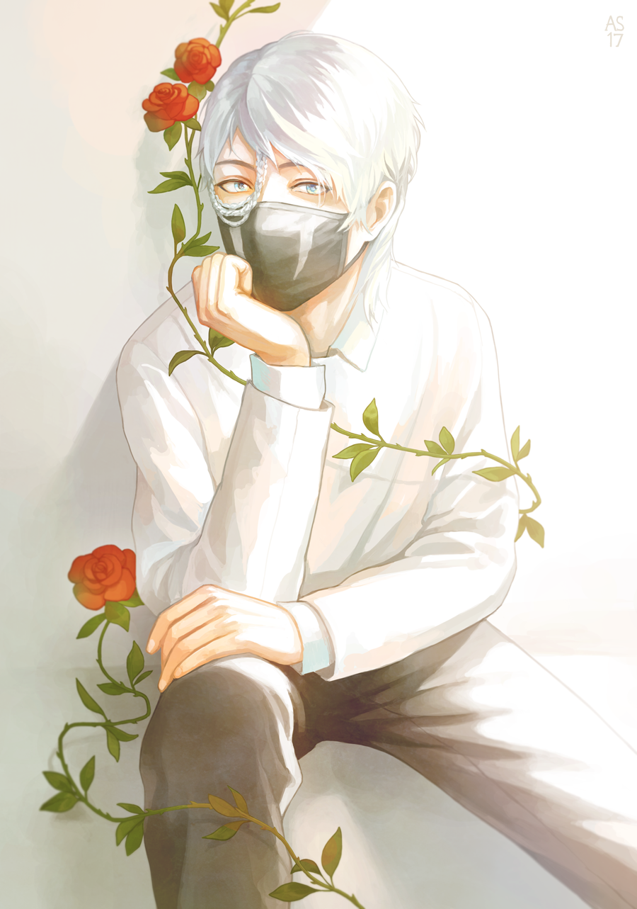 driftwoodwolf, original, commentary request, highres, 1boy, black pants, blue eyes, feet out of frame, flower, head rest, long sleeves, looking at viewer, male focus, mask, mouth mask, pants, red flower, red rose, rose, short hair, simple background, sitting, solo, sweater, white background, white hair, white sweater