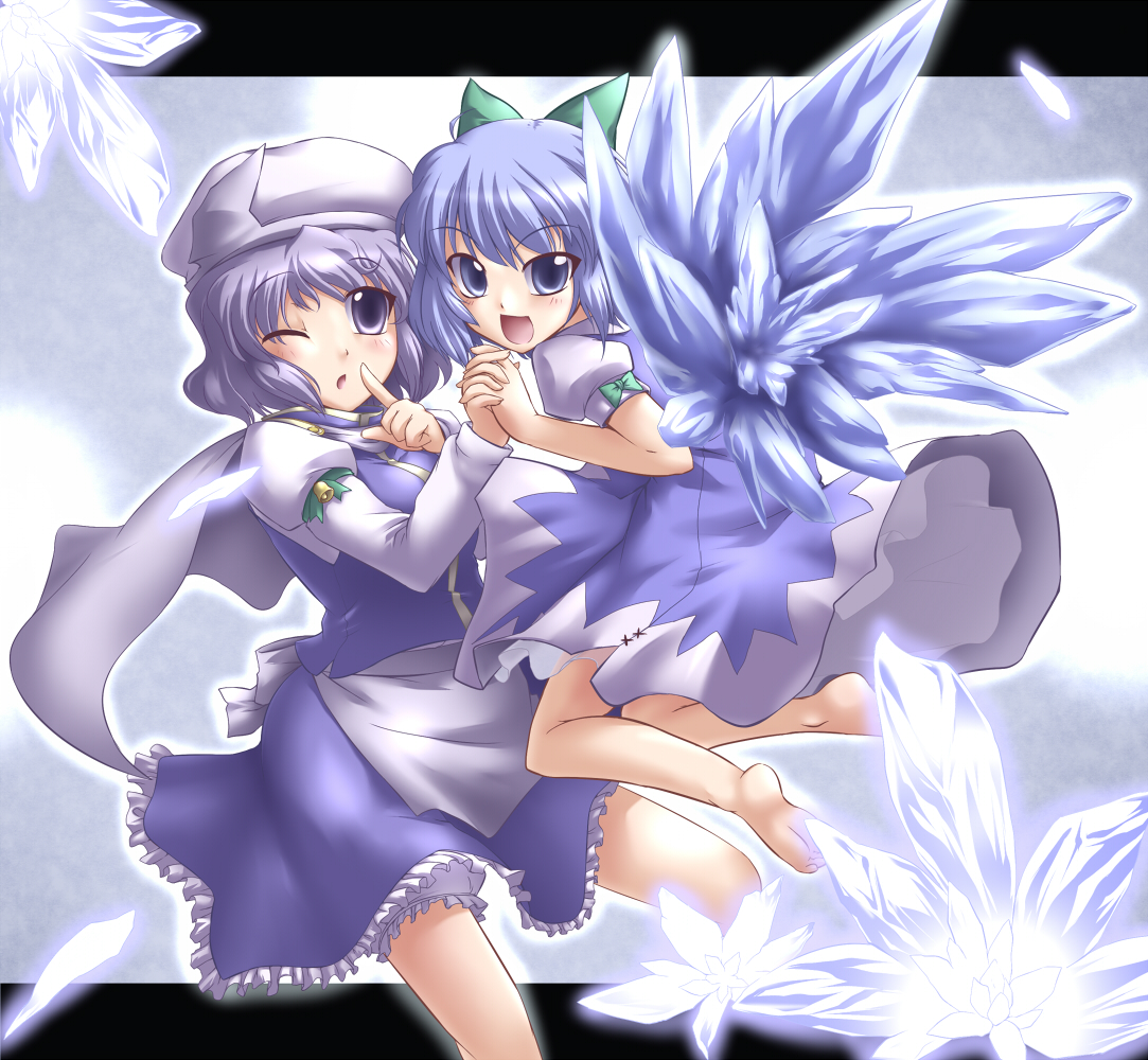 yoshi tama, cirno, letty whiterock, touhou, light purple hair, 2girls, barefoot, bell, blue eyes, blue hair, bow, flower, hair bow, hat, holding hands, ice, letterboxed, multiple girls, one eye closed, purple eyes, short hair, wings, wink
