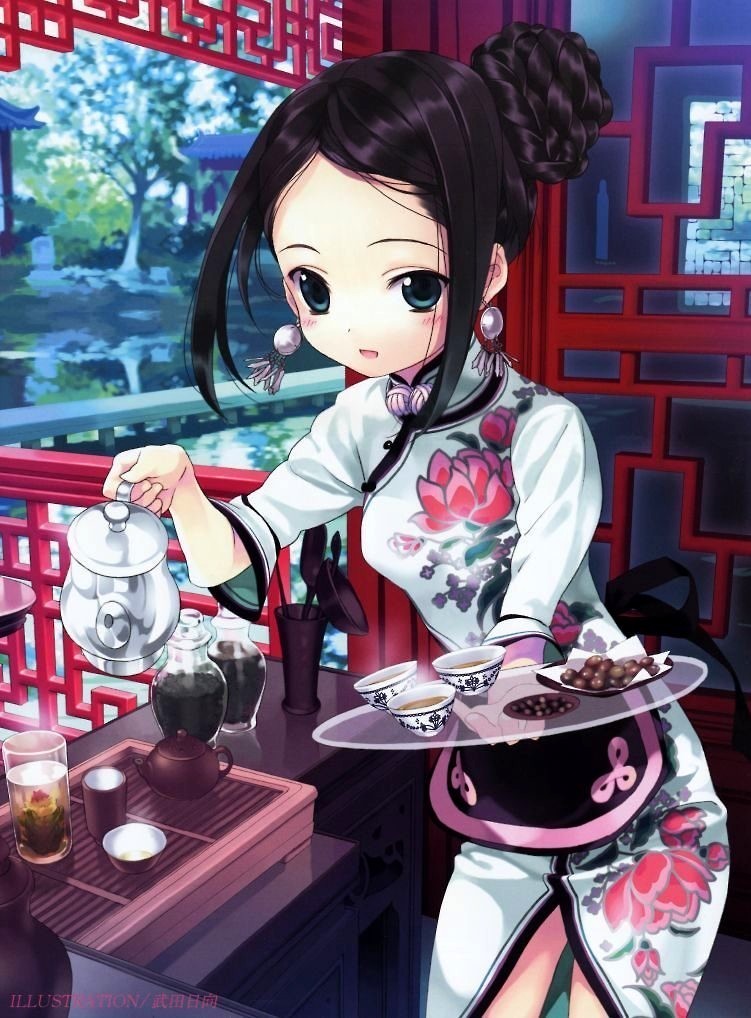 original, black hair, blue eyes, blush, china dress, chinese clothes, dress, food, smile