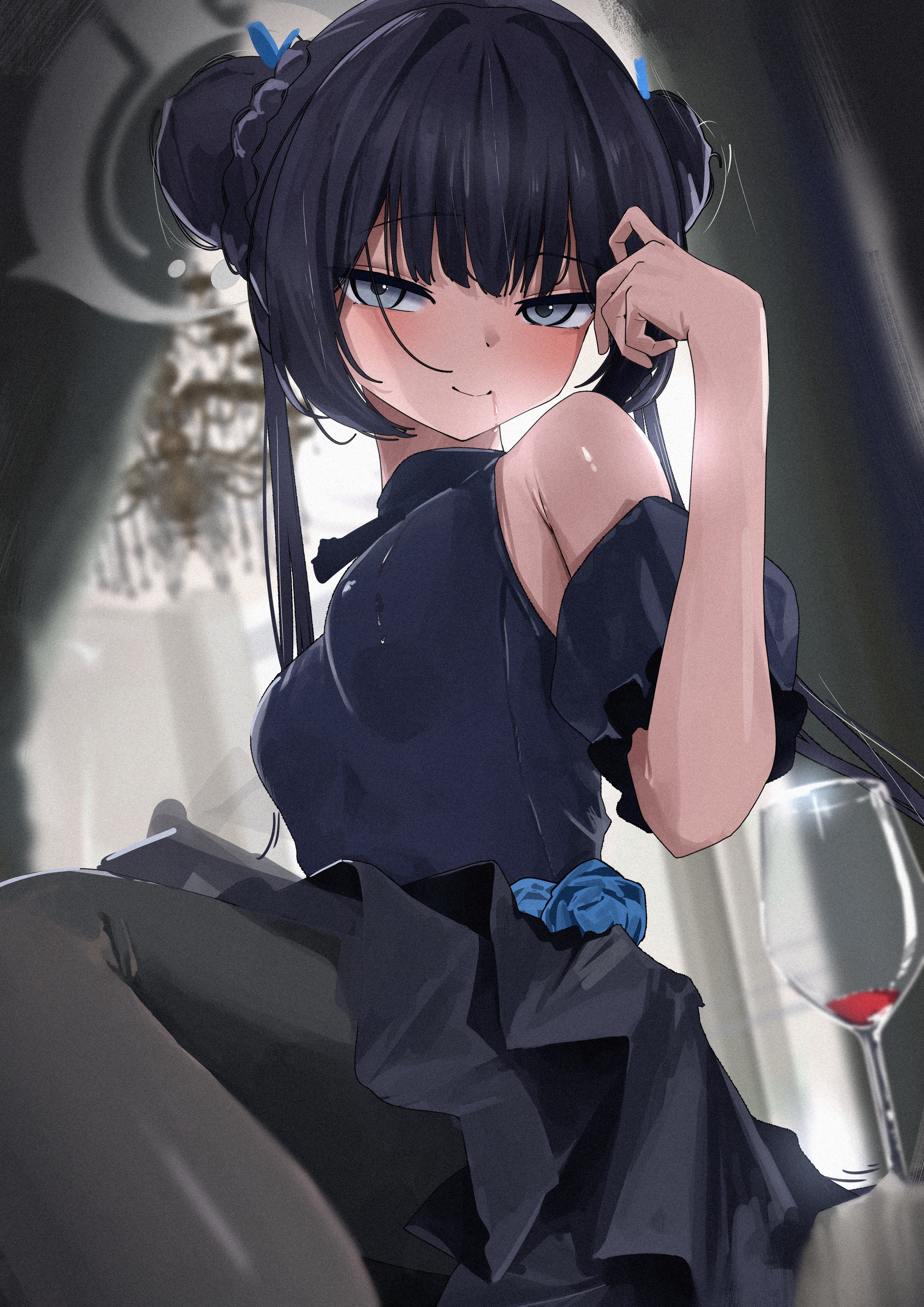 kazu (kauk3753), kisaki (blue archive), blue archive, absurdres, commentary request, highres, 1girl, black hair, black pantyhose, blurry, blurry background, breasts, cup, detached sleeves, double bun, drinking glass, grey hair, grey halo, hair bun, halo, long hair, looking at viewer, pantyhose, sitting, small breasts, smile, solo, wine glass
