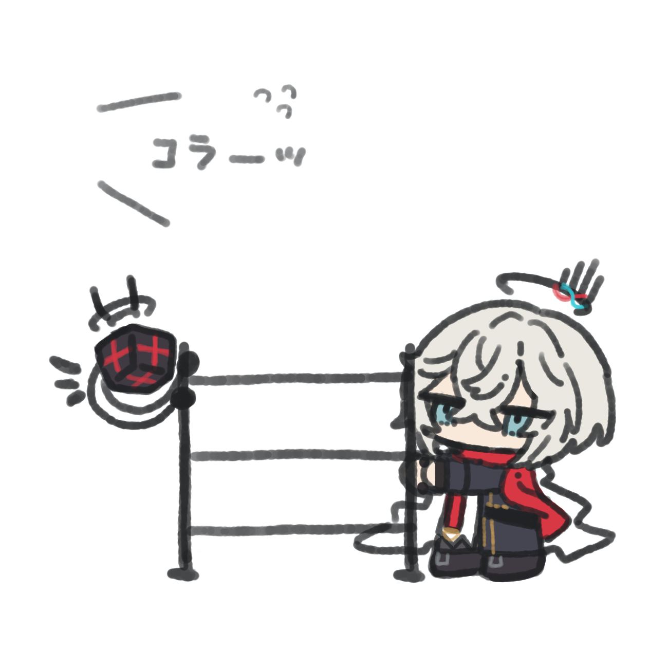 chickenuma 0, executor (arknights), executor the ex foedere (arknights), arknights, commentary request, highres, 1boy, black gloves, black jacket, black pants, black shoes, blue eyes, chibi, flying sweatdrops, gloves, grey hair, hair between eyes, halo, jacket, male focus, necktie, pants, red necktie, red scarf, scarf, shoes, simple background, solo, white background, white hair