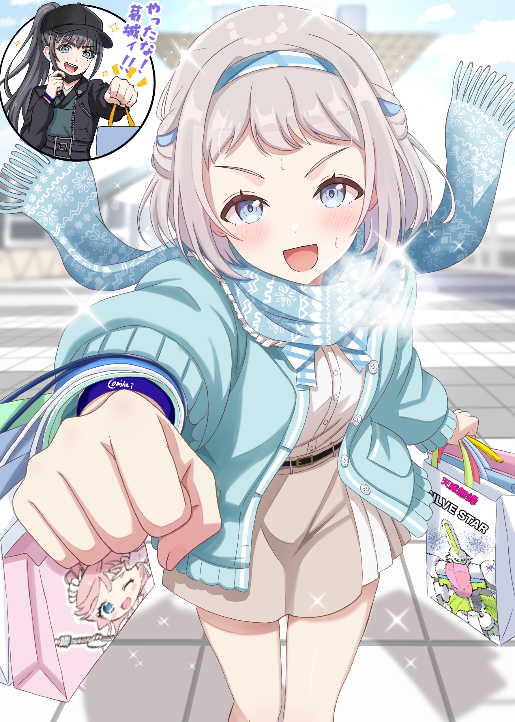 crouching start, amaya tsubame, katsuragi lilja, comiket, gakuen idolmaster, idolmaster, tokyo big sight, absurdres, commentary request, highres, 2girls, bag, blue cardigan, blue eyes, blue hairband, blue ribbon, blue scarf, blurry, blurry background, blush, braid, cardigan, clenched hand, grey hair, hair ribbon, hairband, holding, holding bag, incoming fist bump, long sleeves, looking at viewer, multiple girls, open cardigan, open clothes, open mouth, outdoors, ribbon, scarf, shirt, short hair, skirt, sparkle, white shirt, wristband