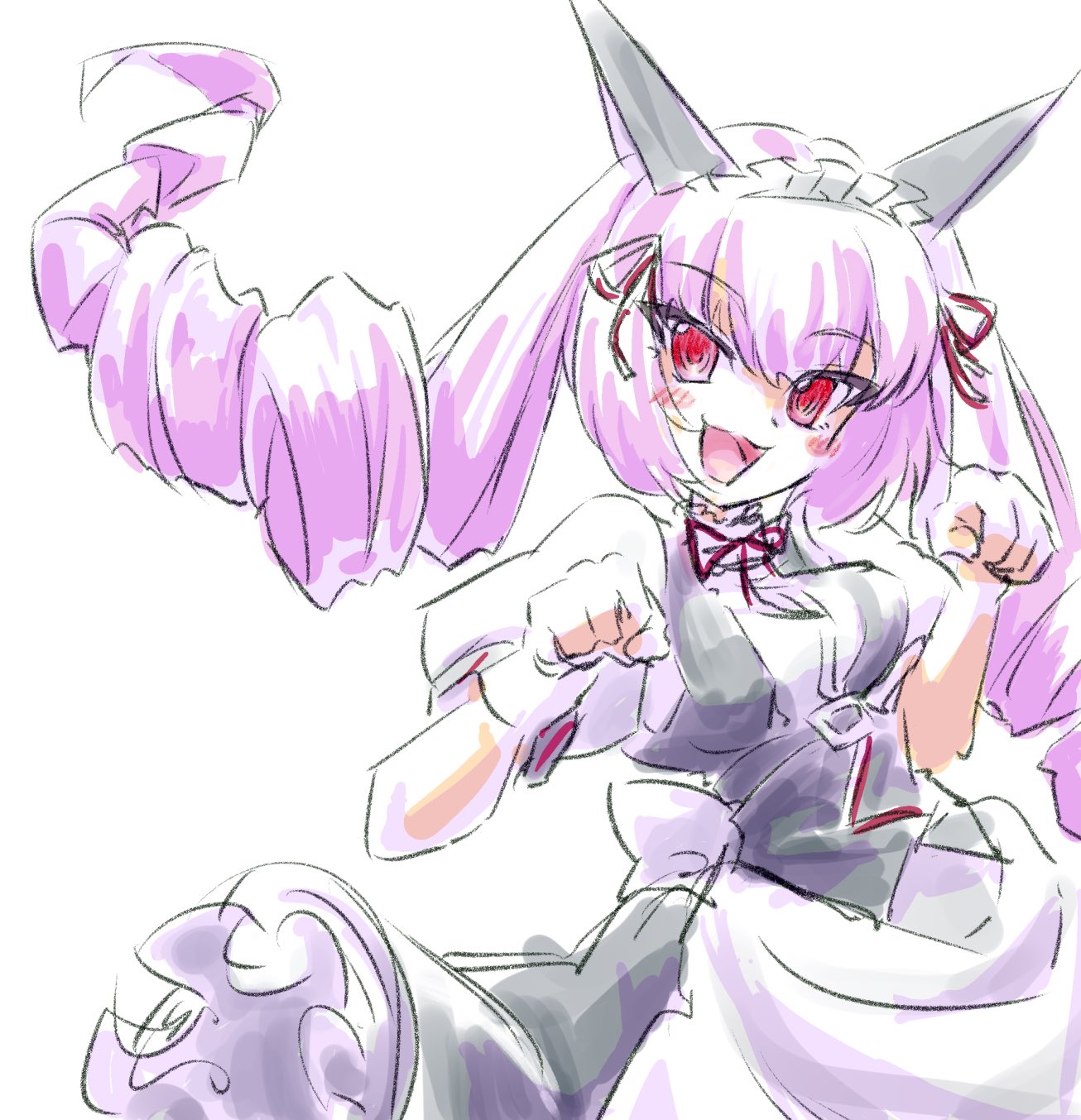 sadarann, akiha rumiho, science adventure, steins;gate, commentary request, highres, 1girl, animal ears, cat ears, drill hair, long hair, looking at viewer, maid, maid headdress, mayqueen maid uniform, open mouth, paw pose, pink eyes, pink hair, simple background, smile, solo, twin drills, twintails, white background