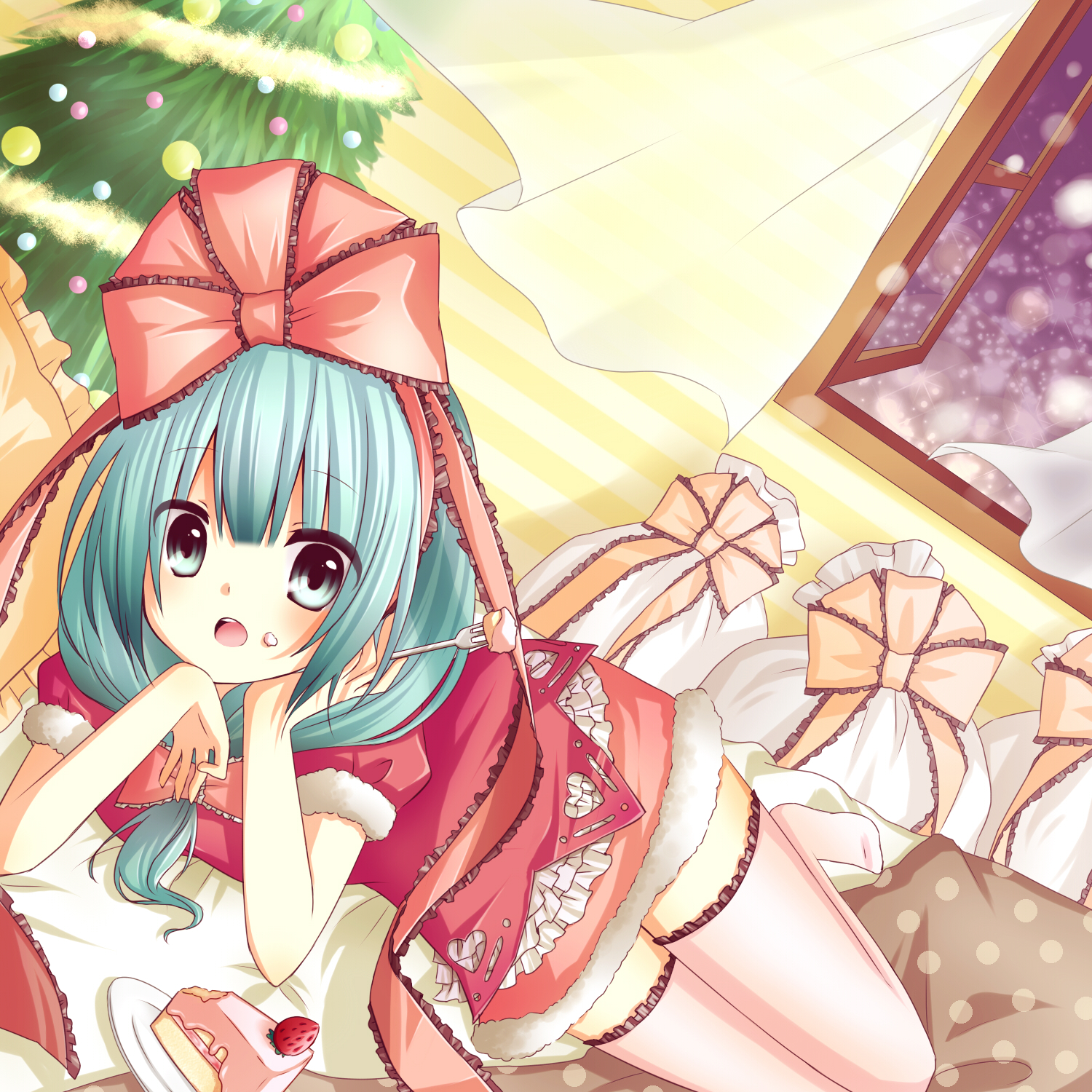 amane kurumi, kagiyama hina, touhou, highres, 1girl, cake, christmas, christmas tree, dutch angle, female focus, food, food on face, fork, frills, green eyes, green hair, hair ribbon, indoors, long hair, matching hair/eyes, pastry, pink thighhighs, ribbon, sack, sky, solo, thighhighs, tree, window