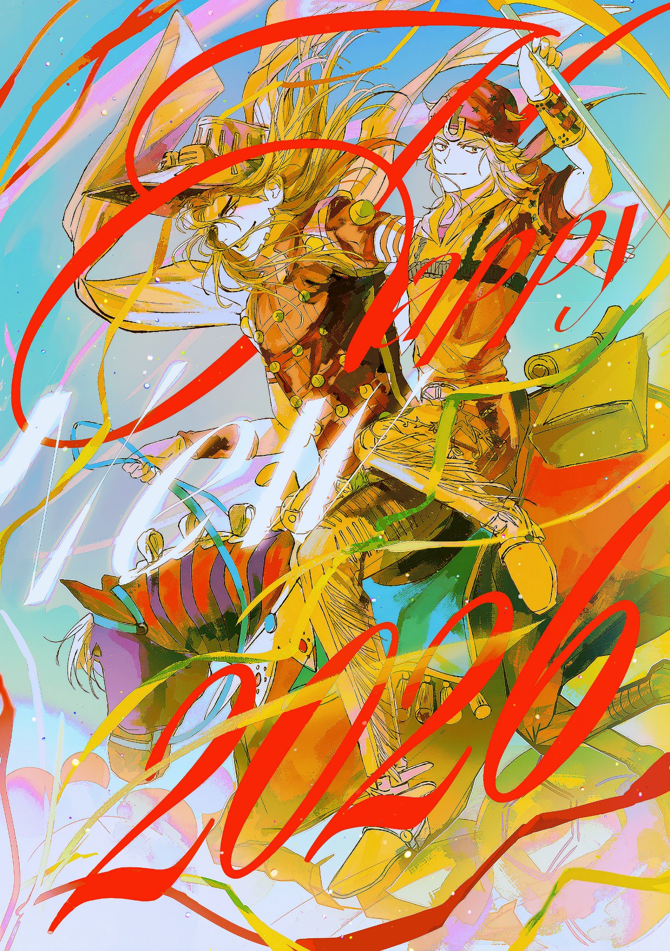 1 22sssam, gyro zeppeli, johnny joestar, valkyrie (jojo), jojo no kimyou na bouken, steel ball run, commentary, english commentary, highres, 2026, 2boys, arm warmers, blonde hair, brown pants, cape, cowboy hat, facial hair, goggles, goggles on headwear, grin, happy new year, hat, holding, holding reins, hood, hood down, hoodie, horse, horseback riding, horseshoe hat ornament, horseshoe ornament, long hair, looking at viewer, male focus, medium hair, multiple boys, new year, pants, purple mask, red hat, reins, riding, short sleeves, smile, spurs, steel ball (jojo), teeth, yellow cape, yellow hat, yellow hoodie