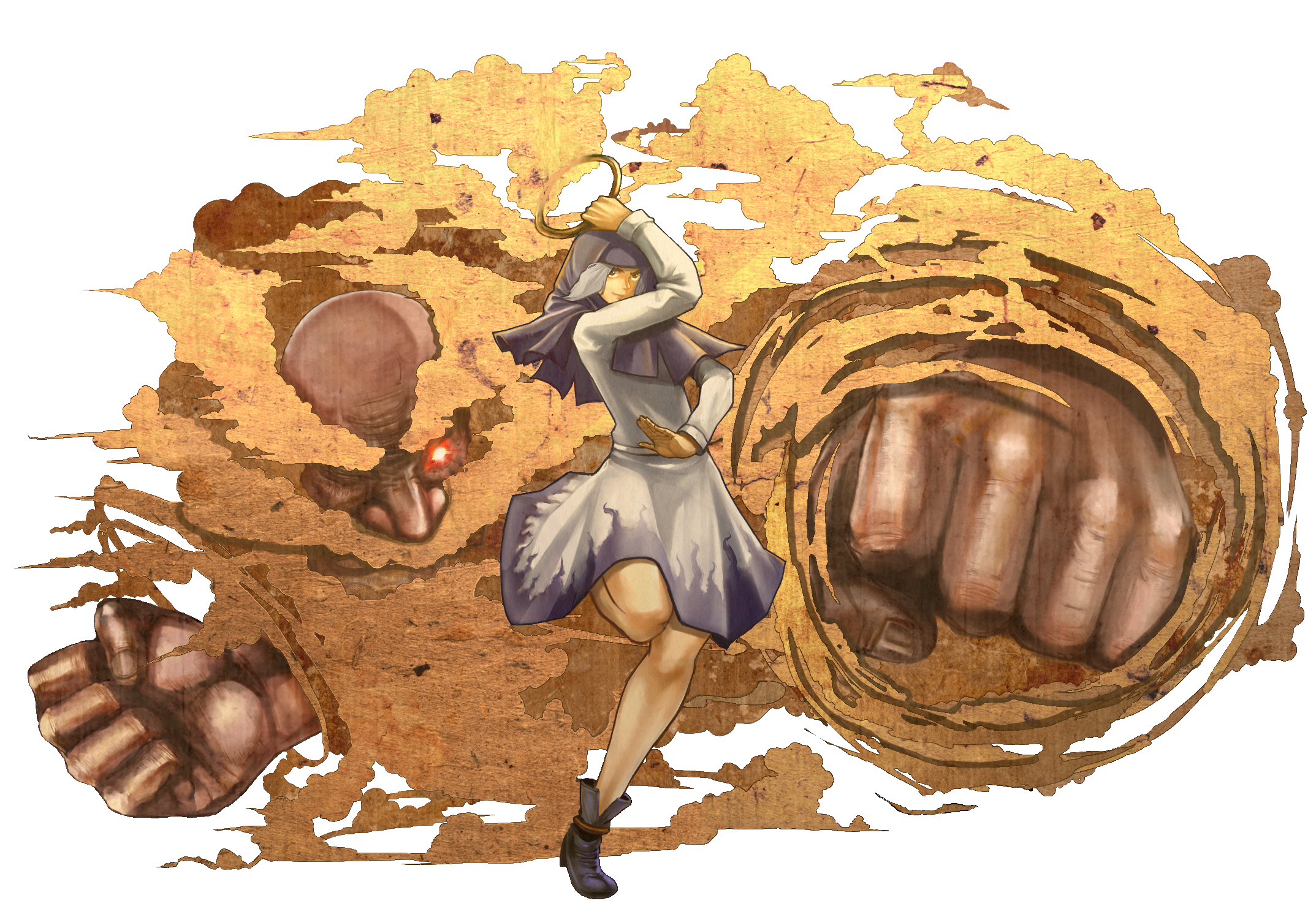 unknown showhey, kumoi ichirin, unzan, touhou, bad id, bad pixiv id, highres, 1boy, 1girl, blue eyes, blue hair, bracelet, clenched hands, cloud, full body, hood, jewelry, long hair, ring, short hair, transparent background