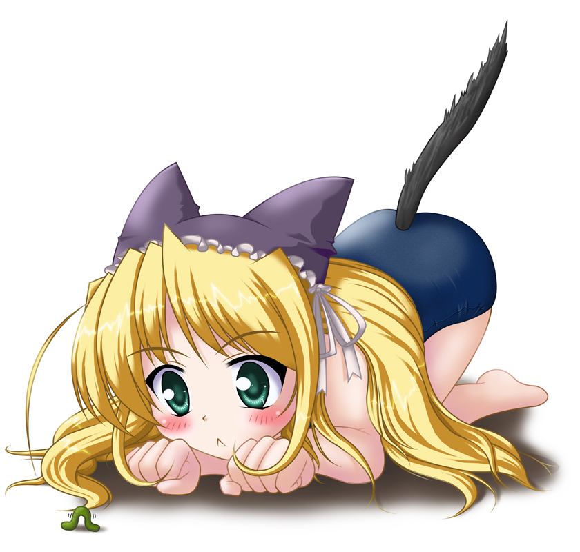 neopure, wreathlit noel, yoake mae yori ruri iro na, 1girl, :<, all fours, blonde hair, blush, female focus, hat, hat with ears, long hair, one-piece swimsuit, paw pose, school swimsuit, solo, swimsuit, tail, worm