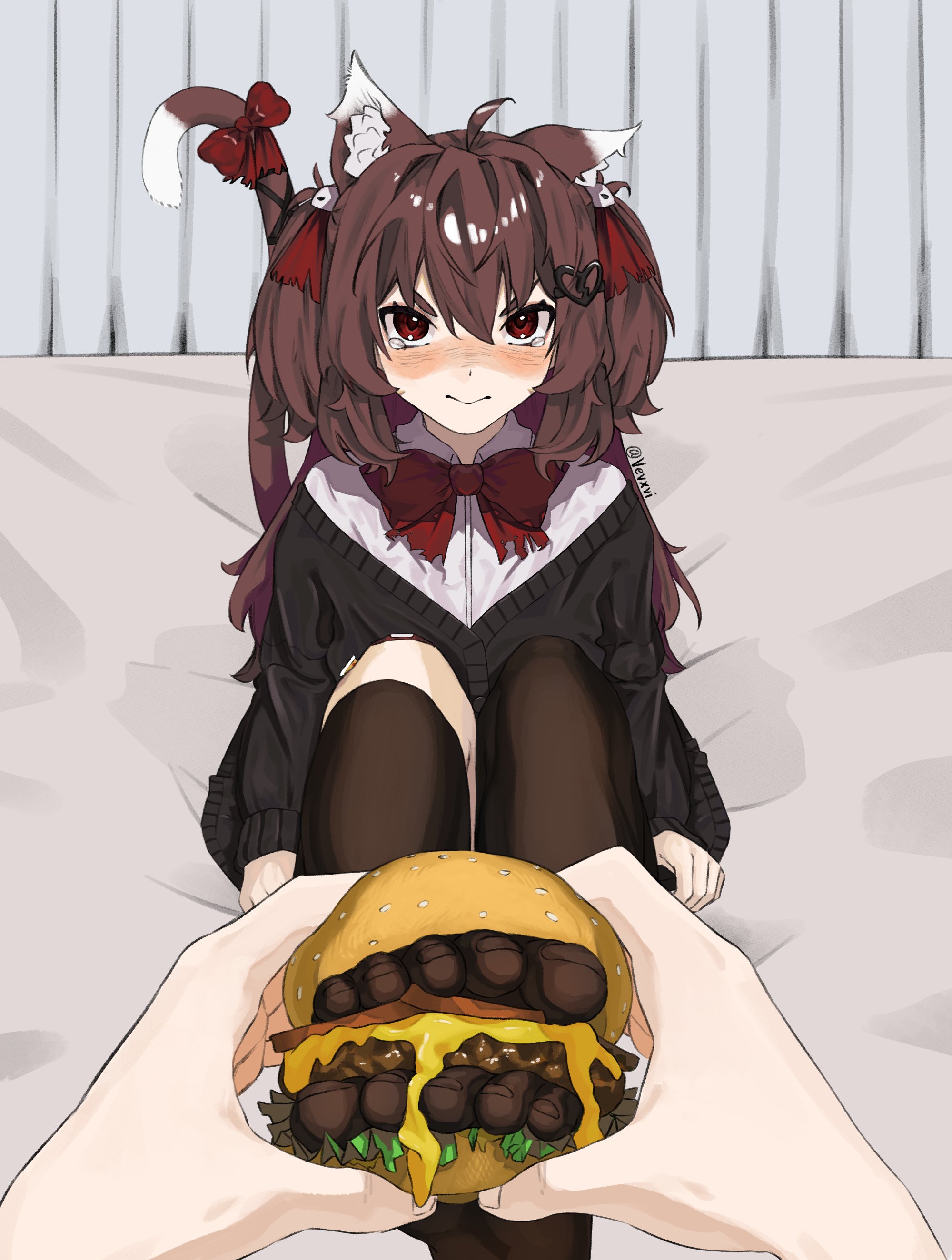 evil neuro-sama, neuro-sama, vedal ai, absurdres, commentary, highres, symbol-only commentary, ahoge, animal ear fluff, animal ears, asymmetrical legwear, black cardigan, black socks, blush, bow, bowtie, broken heart, broken heart hair ornament, brown hair, burger, cardigan, cat ears, cat girl, cat tail, closed mouth, collared shirt, double-parted bangs, embarrassed, food, hair between eyes, hair bow, hair intakes, hair ribbon, heart, knees up, long sleeves, looking at viewer, no shoes, nose blush, off-shoulder cardigan, pov, pov hands, red bow, red bowtie, red eyes, ribbon, shirt, sitting, socks, tail, tearing up, toes, torn bow, torn bowtie, torn hair ribbon, twitter username, uneven legwear, v-shaped eyebrows, vevxvi, white shirt