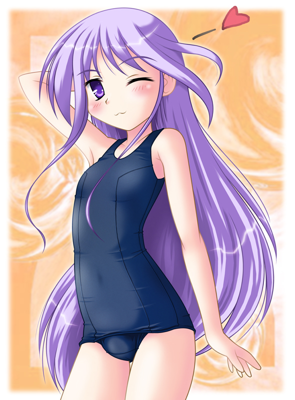 neopure, watarase jun, happiness!, 00s, 1boy, :3, bulge, crossdressing, crossdressing (mtf), heart, male focus, one-piece swimsuit, one eye closed, school swimsuit, shota, solo, swimsuit, trap, wink