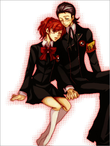 hana akira, odagiri hidetoshi, shiomi kotone, atlus, persona, persona 3, persona 3 portable, bad id, bad pixiv id, lowres, 1boy, 1girl, armband, blush, bow, closed eyes, couple, hetero, holding hands, school uniform, skirt, socks