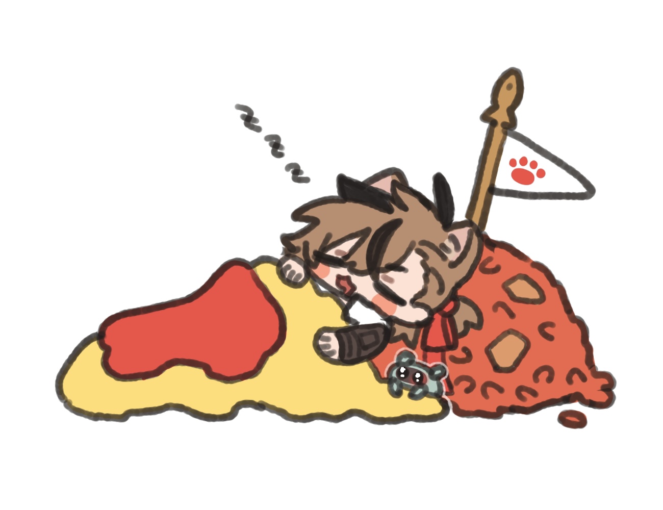 chickenuma 0, stainless (arknights), arknights, commentary request, 1boy, animal ears, black hair, blush stickers, brown hair, brown jacket, cat boy, cat ears, chibi, closed eyes, flag, hair between eyes, hair ribbon, jacket, male focus, multicolored hair, open mouth, red ribbon, ribbon, simple background, sleeping, solo, streaked hair, white background, zzz